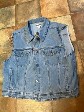 Denim Sleeveless Jacket Vest in Light Blue with Rainbow Trim